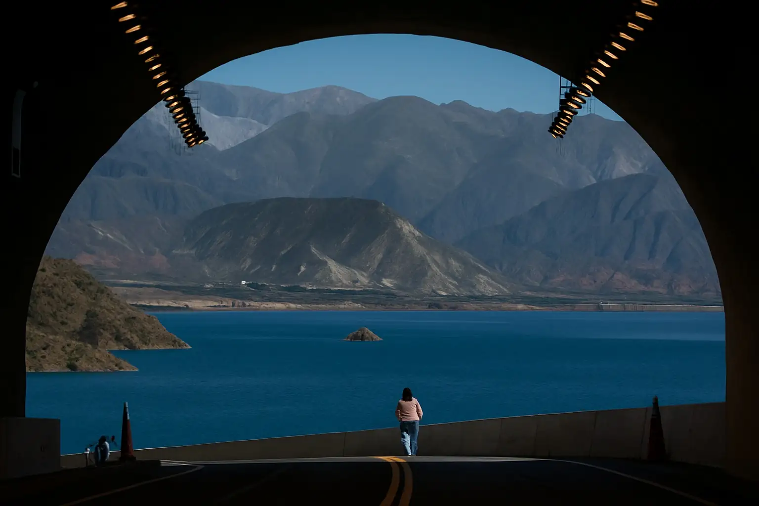 Frau spaziert am Tunnel von Caracoles in Potrerillos, Mendoza