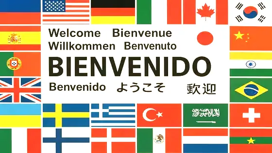 Boas-vindas em vários idiomas com bandeiras reais do mundo, mensagem internacional de hospitalidade