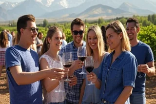 Grupo de jóvenes brindando con copas de vino entre viñedos mendocinos