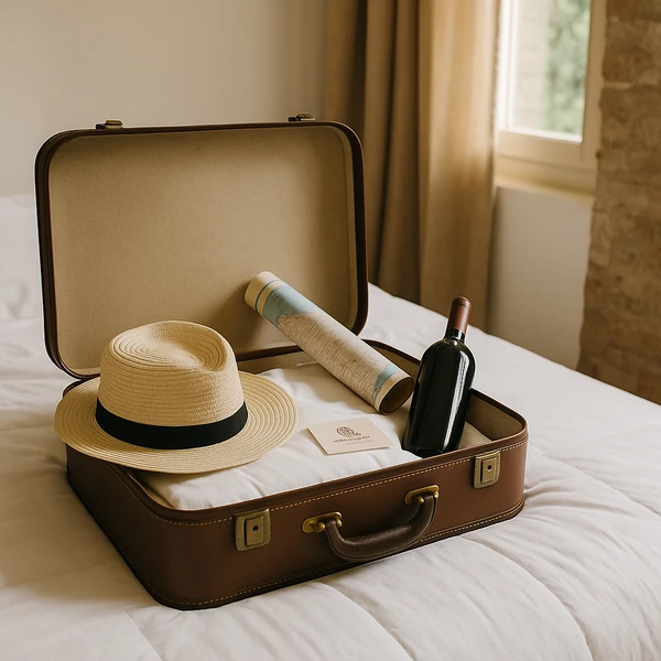 Promoción directa · Sin comisiones, sin plataformas Valija abierta con sombrero, vino y mapa sobre cama en Mendoza Leisure Time Guest House