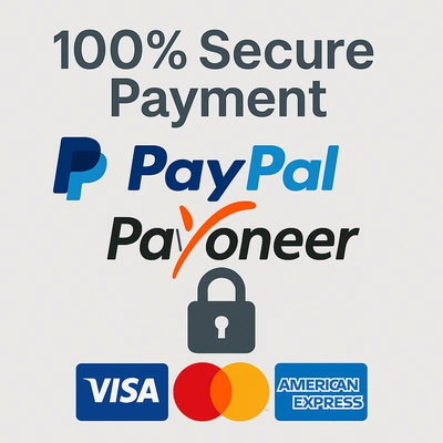 Pago seguro con PayPal y Payoneer Pago seguro con PayPal y Payoneer: candado, tarjetas y logotipos oficiales
